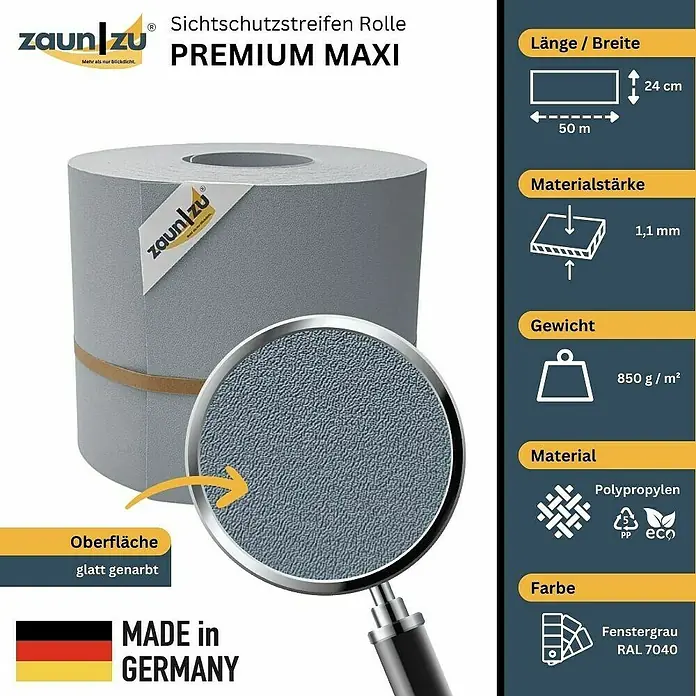 zaun|zu Sichtschutzstreifen Premium Maxi - L x B x H: 50 m x 24 cm x 0,1 cm, Fenstergrau - Zaun-Sichtschutzstreifen Rolle PREMIUM MAXI: 50 m Länge, 24 cm Breite, 1,1 mm Materialstärke, 850 g/m² Gewicht, Polypropylen, Farbe Fenstergrau (RAL 7040).