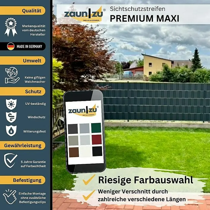 zaun|zu Sichtschutzstreifen Premium Maxi - L x B x H: 50 m x 24 cm x 0,1 cm, Braun - Produktbild von Zaun zu Premium Maxi Sichtschutzstreifen, erhältlich in verschiedenen Farben und Längen.