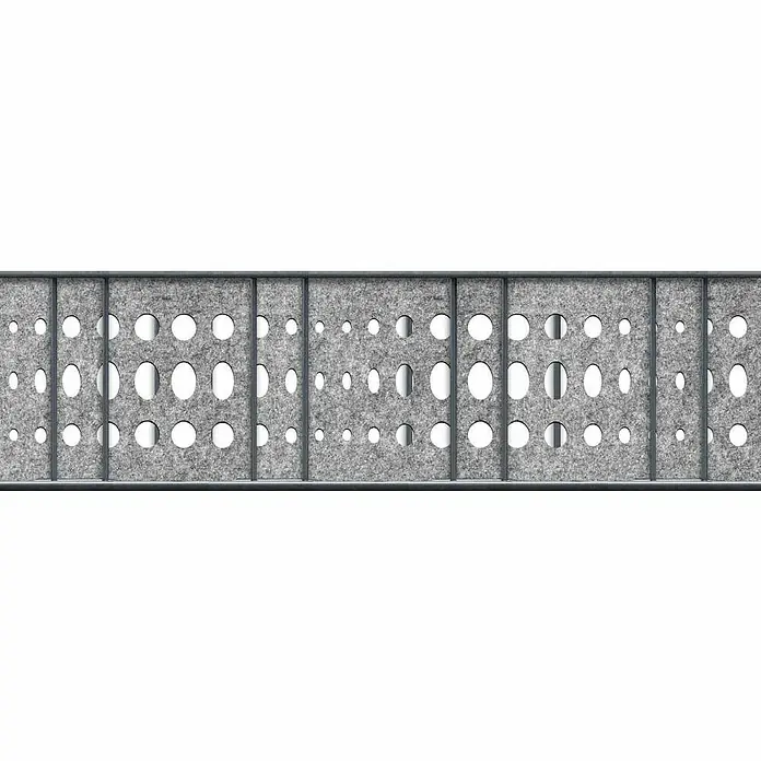 zaun|zu Sichtschutzstreifen Dekor Bubble - 2,6 m x 19 cm x 0,1 cm, Hellgrau - Graue Akustikwand mit vielen Löchern und grauem Rahmen. Die Akustikwand absorbiert Schall und verbessert die Raumakustik.