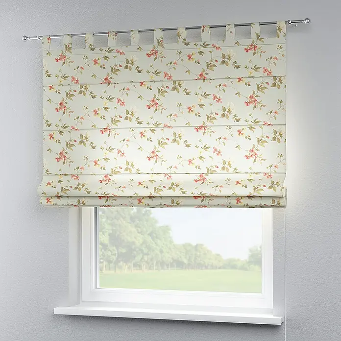 Dekoria Raffrollo - B x H: 120 x 160 cm - Eine schöne, floral gemusterte Raffrollos, die ein Fenster dekorieren. Die sanften Farben und das elegante Design verleihen jedem Raum eine warme Note.