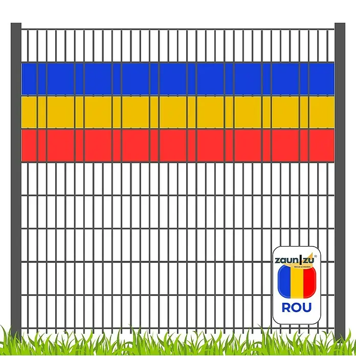 zaun|zu Sichtschutzstreifen Rumänien - 2,55 m x 19 cm x 0,1 cm, Blau/Gelb/Rot, Volle Streifenbreite - Zaunansicht mit rumänischer Flagge. Ein dekorativer und widerstandsfähiger Zaun für Ihr Grundstück.
