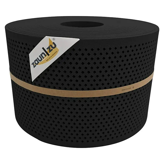 zaun|zu Sichtschutzstreifen Premium Gelocht Diamant - 50 m x 19 cm x 0,1 cm, Tiefschwarz - Rolle schwarzer Zaunfolie "zaun/zu" mit Rautenmuster, ideal als Sichtschutz. Mit gelbem Papierband umwickelt und Markenlogo aufgedruckt.