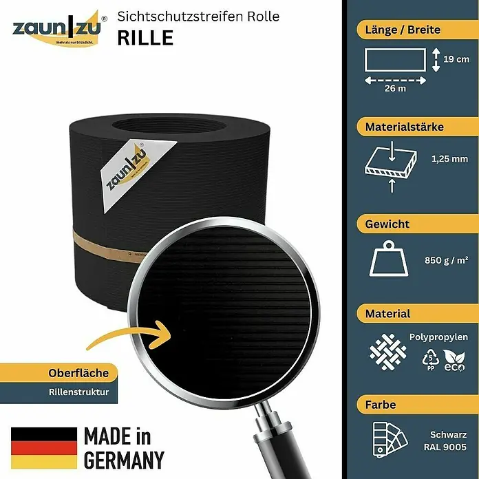 zaun|zu Sichtschutzstreifen Rille PP DSM - 26 m x 19 cm x 0,1 cm, Schwarz - Sichtschutzstreifen Rolle "RILLE" von zaun|zu: 26m lang, 19cm breit, 1,25mm dick, 850g/m², aus Polypropylen, Farbe Schwarz (RAL 9005), Made in Germany.