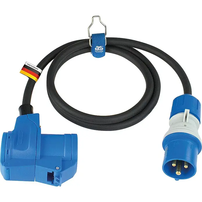 as-schwabe Verlängerungskabel H07RN-F 3G2,5 - 1,5 m, Schwarz, IP44, H07RN-F - Ein blaues Starkstromkabel mit einem Stecker und einer Kupplung, verbunden durch ein schwarzes Kabel mit Schlaufe.