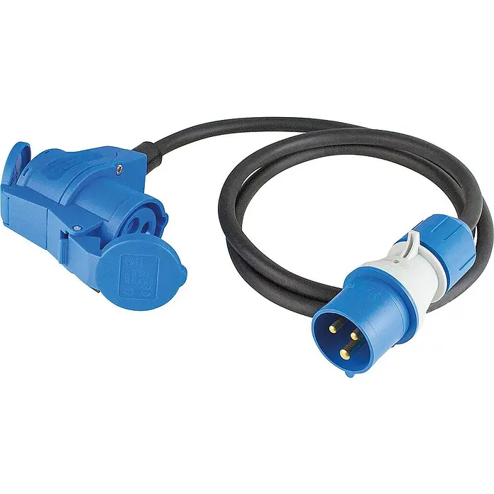 as-schwabe Verlängerungskabel H07RN-F 3G2,5 - 1,5 m, Schwarz, IP44, H07RN-F - Ein blaues Verlängerungskabel mit Industriestecker und -kupplung. Die Kabel sind schwarz und bieten eine sichere Stromverbindung.