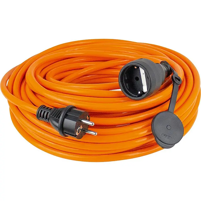 as-schwabe Verlängerungskabel H07BQ-F 3G1,5 - 50 m, Orange, IP44 - Eine orangefarbene Kabeltrommel mit schwarzem Stecker und Kupplung mit Schutzkappe. Ideal für den Einsatz im Freien und im Garten.