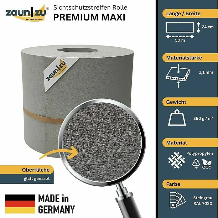 zaun|zu Sichtschutzstreifen Premium Maxi - L x B x H: 50 m x 24 cm x 0,1 cm, Steingrau - Zaunstreifenrolle Premium Maxi, Sichtschutz aus Polypropylen, glatt genarbt, 50 m Länge, 24 cm Breite, 1,1 mm stark, 850 g/m², steingrau RAL 7030.