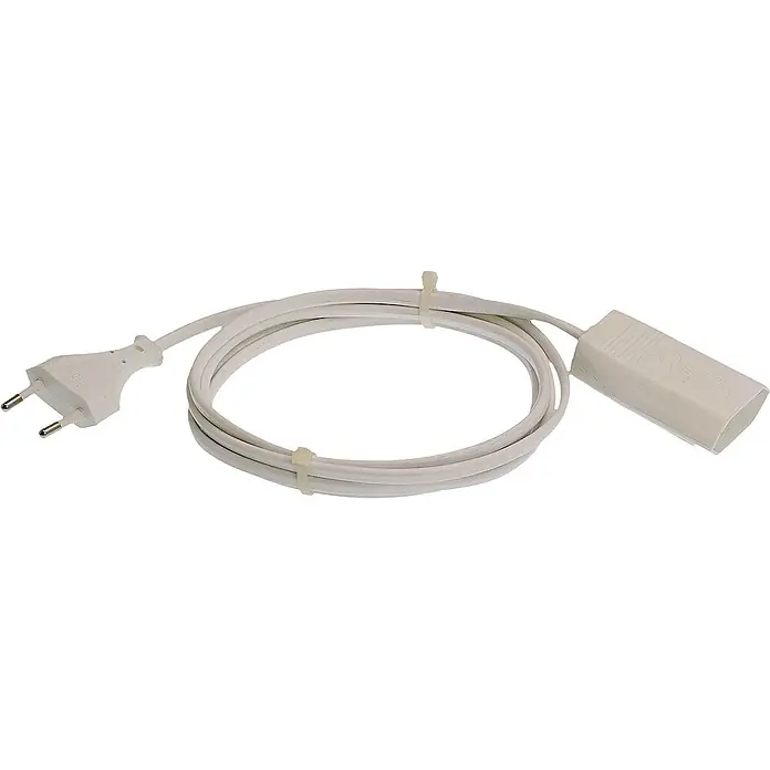 as-schwabe Verlängerungskabel H03VVH2-F 2x0,75 - 3 m, Weiß, IP20, H03VVH2-F - Ein weißes Verlängerungskabel mit Stecker und Kupplung, aufgerollt und mit Kabelbindern fixiert für den Transport.