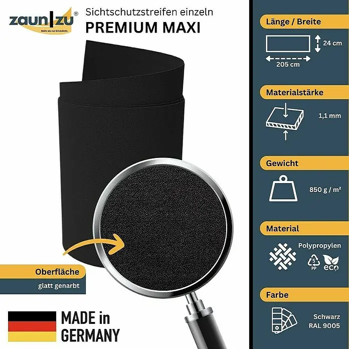 zaun|zu Sichtschutzstreifen Premium Maxi - L x B x H: 2,05 m x 24 cm x 0,1 cm, Tiefschwarz - Bild einer schwarzen Sichtschutzstreifen Premium Maxi, hergestellt in Deutschland, aus Polypropylen mit glatter Narbenoberfläche.