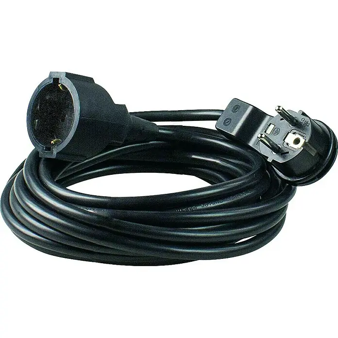 as-schwabe Verlängerungskabel H05VV-F 3G1,5 - 5 m, Schwarz, IP20, H05VV-F - Das Bild zeigt ein schwarzes Verlängerungskabel mit einem Schutzkontaktstecker an einem Ende und einer Kupplung am anderen Ende.