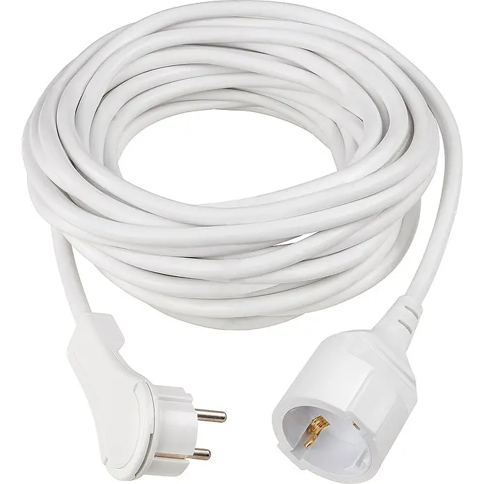 as-schwabe Verlängerungskabel H05VV-F 3G1,5 - 10 m, Weiß, IP20, H05VV-F - Weißes Verlängerungskabel mit Schuko-Stecker und -Kupplung, aufgerollt dargestellt. Ideal für den Innenbereich.
