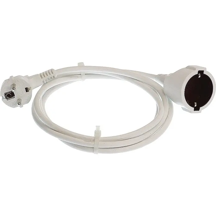 as-schwabe Verlängerungskabel H05VV-F 3G1,5 - 5 m, Weiß, IP20, H05VV-F - Weißes Verlängerungskabel mit Schuko-Stecker auf der einen und Schuko-Kupplung auf der anderen Seite, aufgerollt und mit Kabelbinder fixiert.