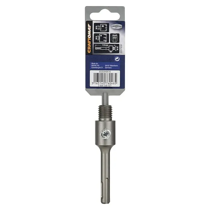 Craftomat Vástago de alojamiento - Largo: 110 mm - Primer plano de una broca CRAFTOMAT con fijación SDS Plus, ideal para trabajos de perforación de precisión.