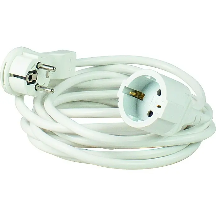 as-schwabe Verlängerungskabel H05VV-F 3G1,5 - 5 m, Weiß, IP20, H05VV-F - Abgebildet ist ein weißes Eurokabel mit Schutzkontaktstecker und -kupplung, das zusammengerollt ist. Für Elektrogeräte geeignet.