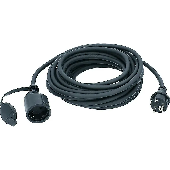 as-schwabe Verlängerungskabel H07RN-F 3G1,5 - 5 m, Schwarz, IP44, H07RN-F - Schwarzes, aufgerolltes Verlängerungskabel mit Stecker und Schutzkontakt-Kupplung, die Kupplung mit Schutzkappe.