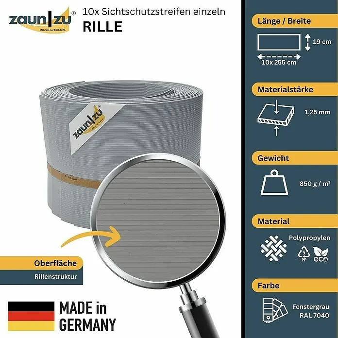 zaun|zu Sichtschutzstreifen Rille 10 x Einzelstreifen - 25,5 m x 19 cm x 0,1 cm, Fenstergrau - Das Bild zeigt 10 Sichtschutzstreifen "Rille" von Zaun zu, aus Polypropylen in Fenstergrau, ideal für den Sichtschutz im Garten.