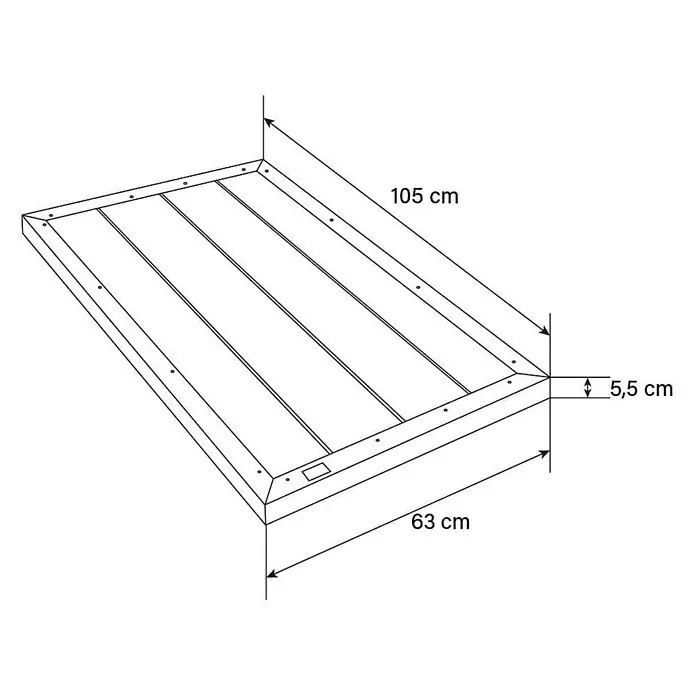 Home Deluxe Terrassenfliese GAIA - 105 cm x 63 cm x 55 mm, Anthrazit, Matt - Schematische Darstellung einer rechteckigen Schublade mit den Maßen 105 cm x 63 cm und einer Höhe von 5,5 cm.