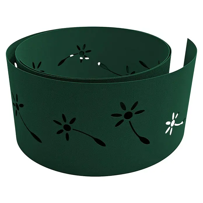 zaun|zu Sichtschutzstreifen Premium Pusteblumen Design - 2,55 m x 19 cm x 0,1 cm, Grün - Eine gewickelte, grüne Gartenrandbegrenzung mit filigranen, gestanzten Blumenmustern, die Gärten stilvoll akzentuiert und vor Unkraut schützt.