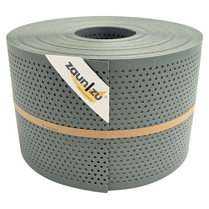 zaun|zu Sichtschutzstreifen Polyal Eco Gelocht 20% - 50 m x 19 cm x 0,1 cm, Salbei - Rolle Sichtschutzstreifen „zaun/zu“ in Grau. Ideal für Zäune, bietet Privatsphäre mit gelochtem Design und einer schützenden, stabilen Beschichtung.