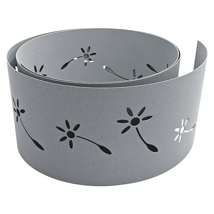 zaun|zu Sichtschutzstreifen Premium Pusteblumen Design - 2,55 m x 19 cm x 0,1 cm, Fenstergrau - Ein gewickelter, grauer Pflanzgefäß-Einsatz mit ausgeschnittenem Blumendesign für Gartenliebhaber.