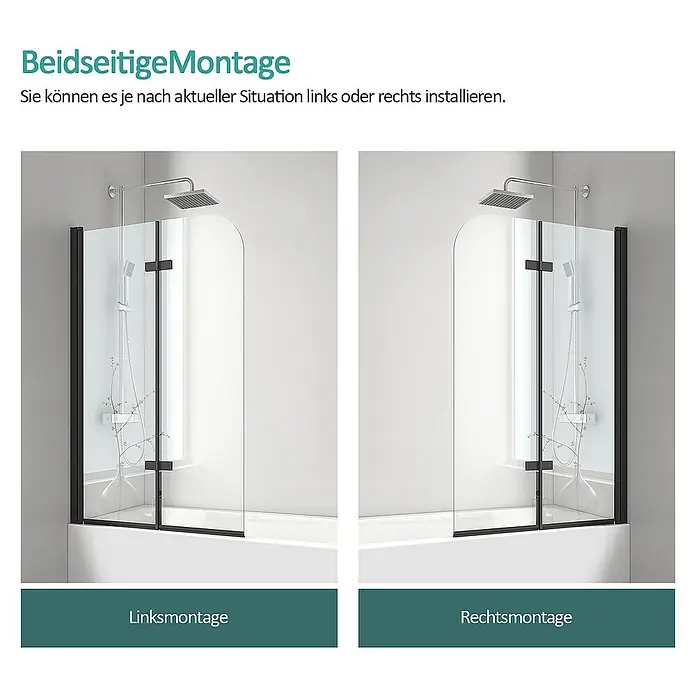 Emke Badewannenaufsatz FBSS - B x H: 120 x 140 cm, 2 Stk., Schwarz - Das Bild zeigt eine Duschwand, die sowohl links als auch rechts montiert werden kann, für flexible Badgestaltung.