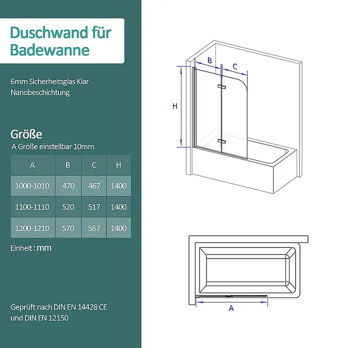 Emke Badewannenaufsatz FBSS - B x H: 120 x 140 cm, 2 Stk., Schwarz - Darstellung einer Duschwand für Badewannen mit Größenangaben und technischen Details.