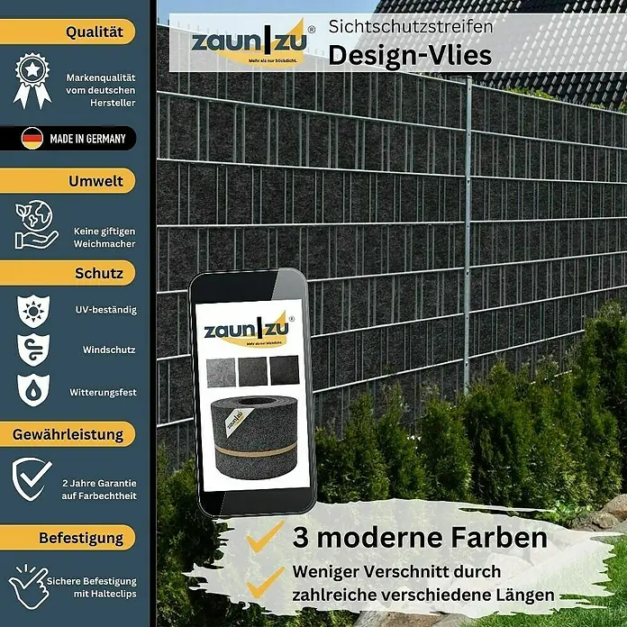 zaun|zu Sichtschutzstreifen Design Schwarzgrau - 50 m x 19 cm x 0,2 cm, Schwarzgrau, 1 Stk. - Sichtschutzstreifen Design-Vlies von Zaun zu. Die hochwertige und wetterfeste Zaunblende bietet optimalen Schutz und Privatsphäre für Ihren Garten.