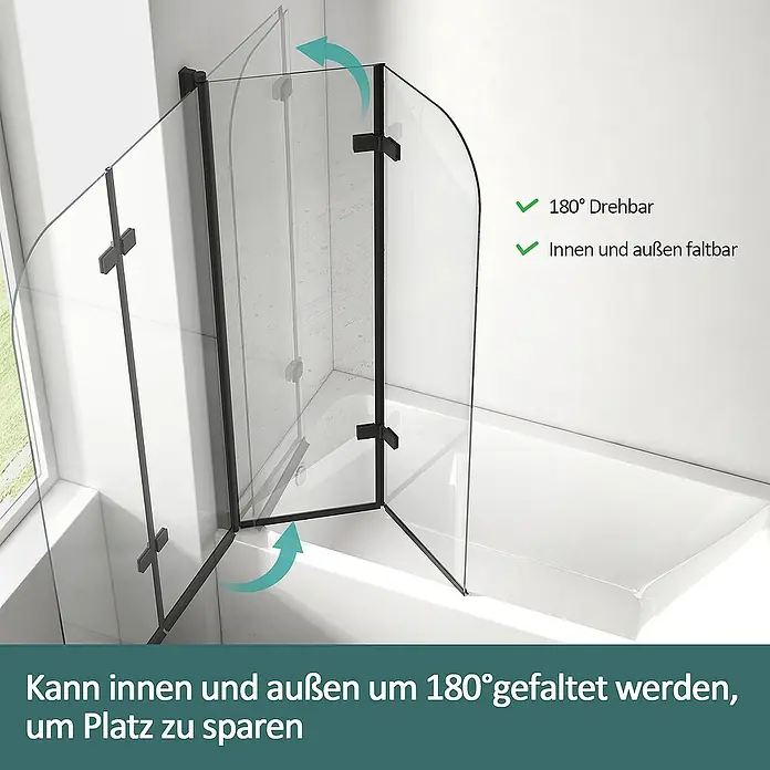 Emke Badewannenaufsatz FBSS - B x H: 120 x 140 cm, 2 Stk., Schwarz - Duschabtrennung mit zwei Elementen, die sich um 180° drehen und nach innen und außen falten lassen, um Platz zu sparen.
