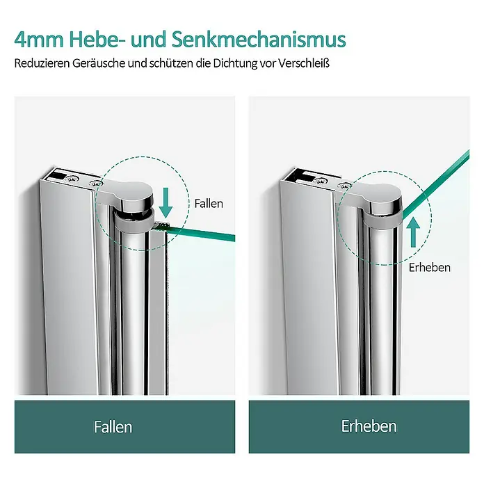 Emke Badewannenaufsatz FASS - B x H: 70 x 140 cm, 1 Stk., Chrom - 4mm Hebe- und Senkmechanismus einer Duschtür. Reduziert Geräusche und schützt die Dichtung vor Verschleiß, dargestellt in zwei Positionen.