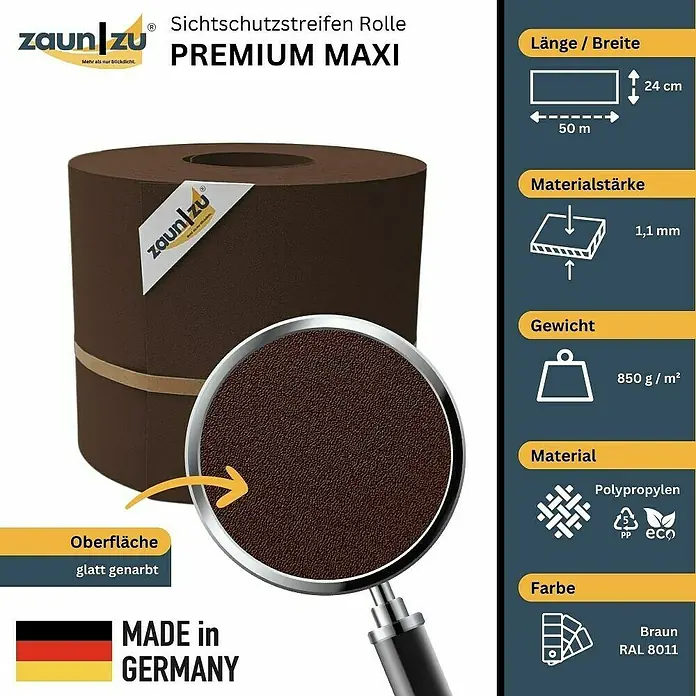 zaun|zu Sichtschutzstreifen Premium Maxi - L x B x H: 50 m x 24 cm x 0,1 cm, Braun - Produktbild einer Sichtschutzstreifen Rolle "Premium Maxi" in Braun, ideal zur blickdichten Gestaltung von Zäunen, inklusive Materialangaben und Maßen.