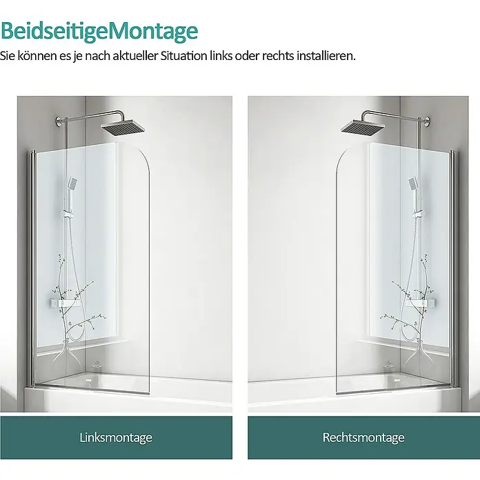 Emke Badewannenaufsatz FASS - B x H: 70 x 140 cm, 1 Stk., Chrom - Das Bild zeigt eine Badewannen-Duschwand, die sowohl links als auch rechts montiert werden kann, für flexible Installation.