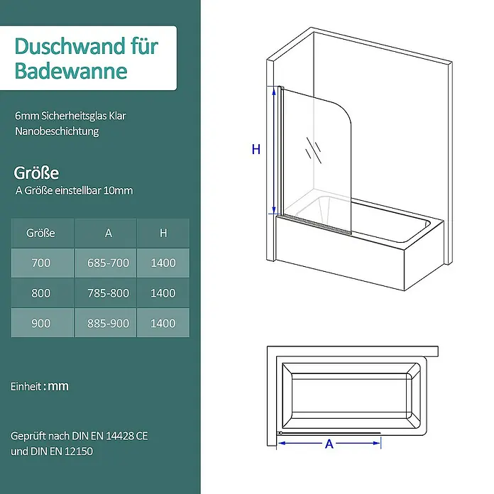 Emke Badewannenaufsatz FASS - B x H: 70 x 140 cm, 1 Stk., Chrom - Duschwand für Badewanne mit 6mm Sicherheitsglas und Nanobeschichtung. Größen: 700, 800, 900 mm, Höhe 1400 mm.