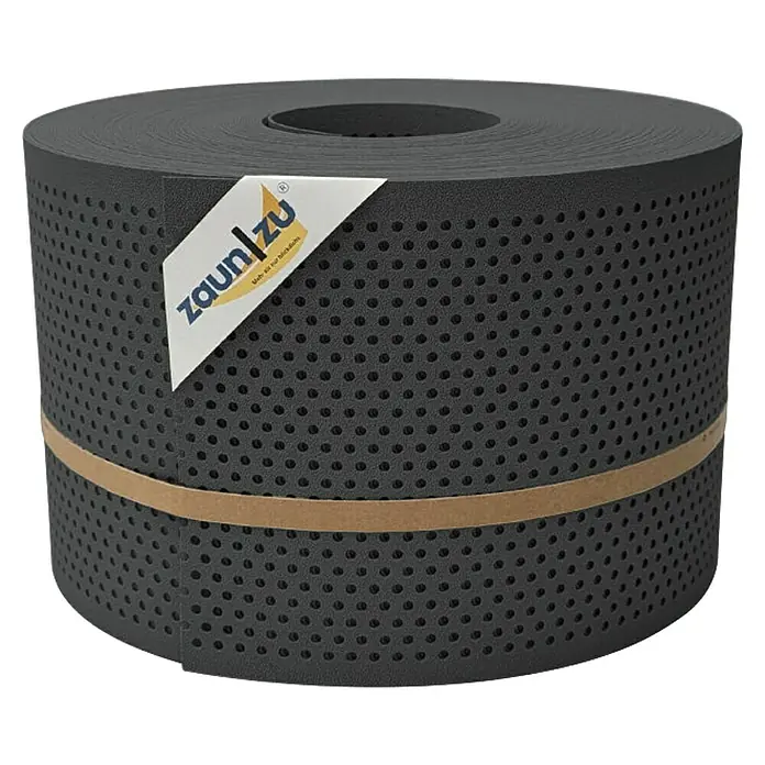 zaun|zu Sichtschutzstreifen Premium Gelocht 20% - 50 m x 19 cm x 0,1 cm, Anthrazit - Graue Zaunfolie auf einer Rolle.