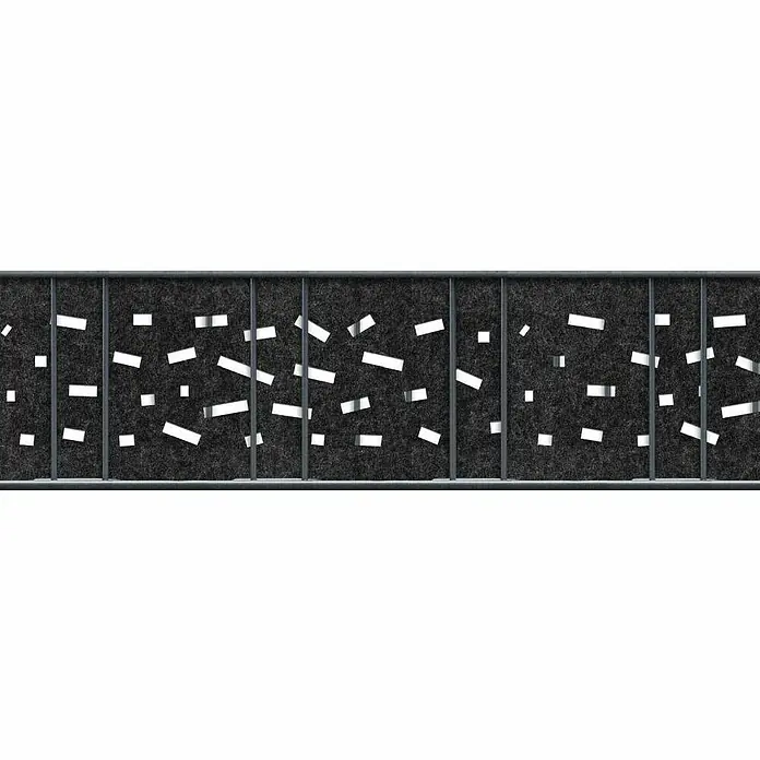 zaun|zu Sichtschutzstreifen Dekor Criss-Cross - 2,6 m x 19 cm x 0,2 cm, Schwarzgrau - Schallabsorbierende Trennwand mit grauem Rahmen und Muster aus weißen Rechtecken zur Raumakustikverbesserung.