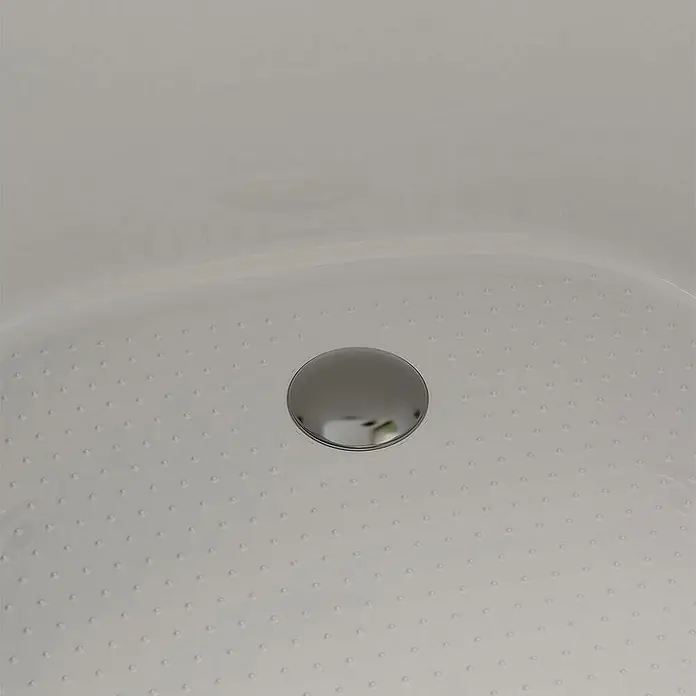 Home Deluxe Badewanne VITAL M - Weiß - Ein glänzender, runder Abfluss aus Chrom in einer Duschwanne mit rutschfesten Noppen sorgt für sicheren Wasserablauf und verhindert Ausrutschen.