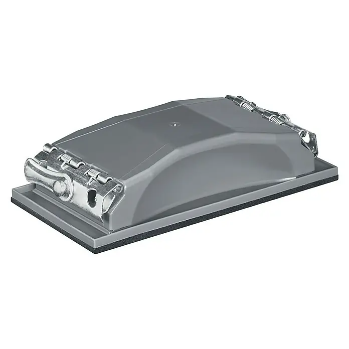 Craftomat Handschleifer Profi - 160 x 85 mm - Grauer Handschleifklotz mit Metallklammern zur sicheren Befestigung von Schleifpapier für präzise Schleifarbeiten.