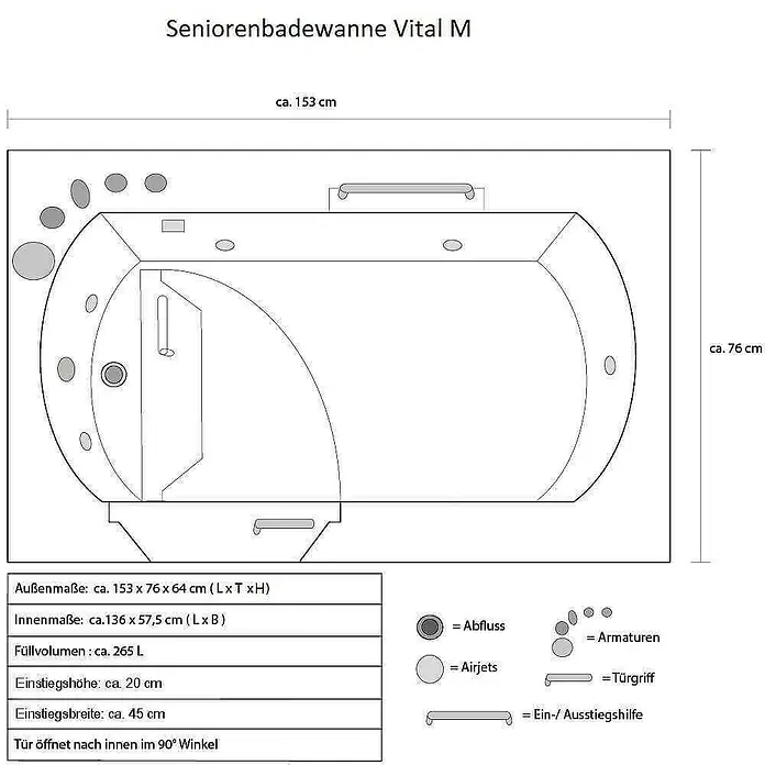 Home Deluxe Badewanne VITAL L - Weiß - Abbildung einer Seniorenbadewanne Vital M mit den Maßen 153 x 76 x 64 cm und einem Füllvolumen von ca. 265 Litern.