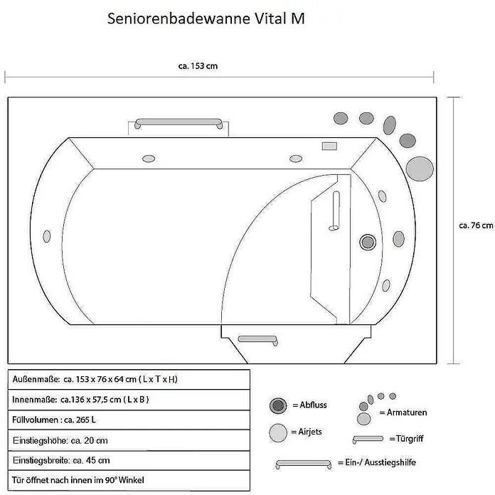 Home Deluxe Badewanne VITAL M - Weiß - Produktbild: Die Seniorenbadewanne Vital M mit Maßangaben und Details zu Ausstattung wie Airjets und Türgriff, ideal für barrierefreies Baden.