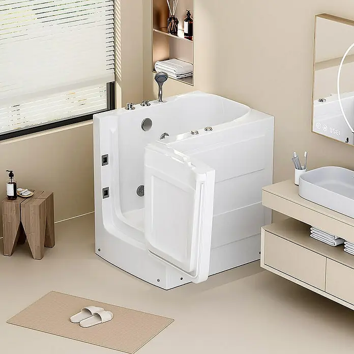 Home Deluxe Badewanne VITAL L - Weiß - Das Bild zeigt eine weiße Badewanne mit Tür in einem Badezimmer. Das moderne Design bietet Komfort und Zugänglichkeit.