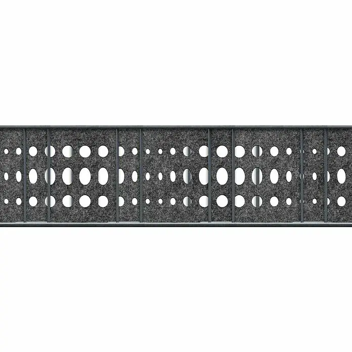 zaun|zu Sichtschutzstreifen Dekor Bubble - 2,6 m x 19 cm x 0,1 cm, Anthrazit - Akustikpaneel mit grauem Filz und runden Aussparungen, eingefasst in einem stabilen Metallrahmen, zur Schallabsorption und Raumgestaltung.