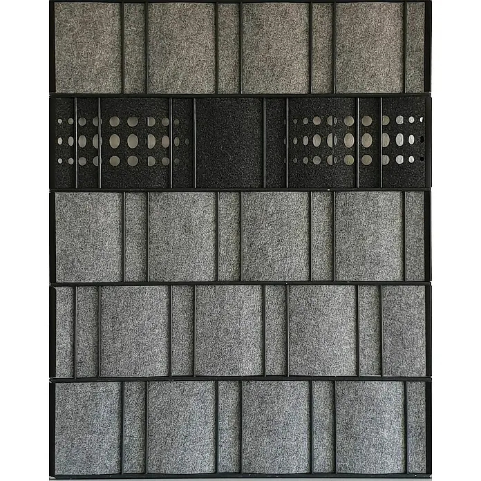zaun|zu Sichtschutzstreifen Dekor Bubble - 2,6 m x 19 cm x 0,1 cm, Anthrazit - Schallabsorbierende Wandpaneele mit grauem und schwarzem Filz und einem modernen Design mit runden Ausschnitten.