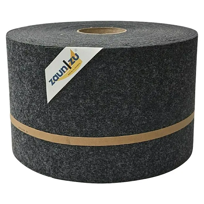 zaun|zu Sichtschutzstreifen Design Anthrazit - 50 m x 19 cm x 0,2 cm, Anthrazit, 1 Stk. - Eine Rolle Zaunfolie in Anthrazit mit braunem Band und Logoetikett, die als Sichtschutz dient. Das Material wirkt robust und langlebig.