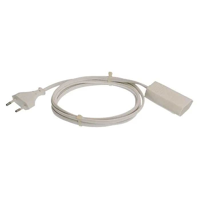 as-schwabe Verlängerungskabel H03VVH2-F 2x0,75 - 2 m, Weiß, IP20, H03VVH2-F - Nahaufnahme eines weißen Eurosteckers mit zugehörigem Kabel und Verbindungsklemme, aufgerollt und mit Kabelbindern befestigt.