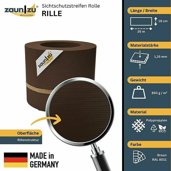 zaun|zu Sichtschutzstreifen Rille PP DSM - 26 m x 19 cm x 0,1 cm, Braun - Zaunstreifen Rolle RILLE: Sichtschutz aus Polypropylen, braun (RAL 8011), 26m lang, 19cm breit, 1,25mm dick, mit Rillenstruktur, hergestellt in Deutschland.