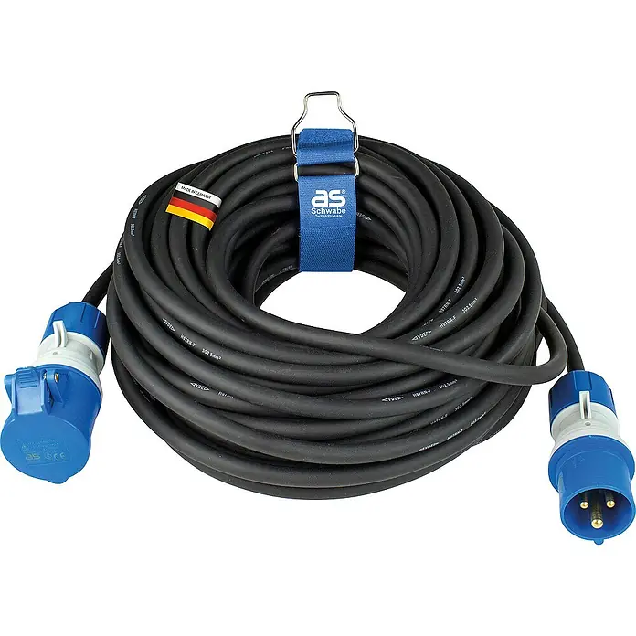 as-schwabe Verlängerungskabel H07RN-F 3G2,5 - 25 m, Schwarz, IP44, H07RN-F - Aufgerolltes Starkstromkabel mit blauem Stecker und blauer Kupplung, gehalten von einem blauen Gurtband mit Haken.