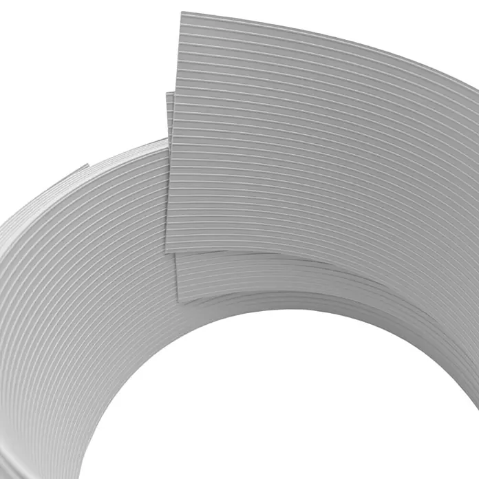 zaun|zu Sichtschutzstreifen Rille 1/2 - 2,55 m x 9,5 cm x 0,1 cm, Lichtgrau - Abstrakte Darstellung von grauem, geripptem Material in geschwungener Form.