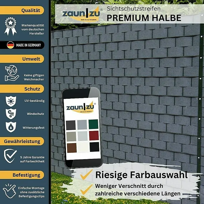 zaun|zu Sichtschutzstreifen Premium 1/2 Set Einzel - 2,55 m x 9,5 cm x 0,1 cm, Gelb - Zaunblende "Premium Halbe" in Anthrazit mit Hinweisen zu Qualität, Umweltfreundlichkeit und Farbauswahl auf Smartphone-Display.