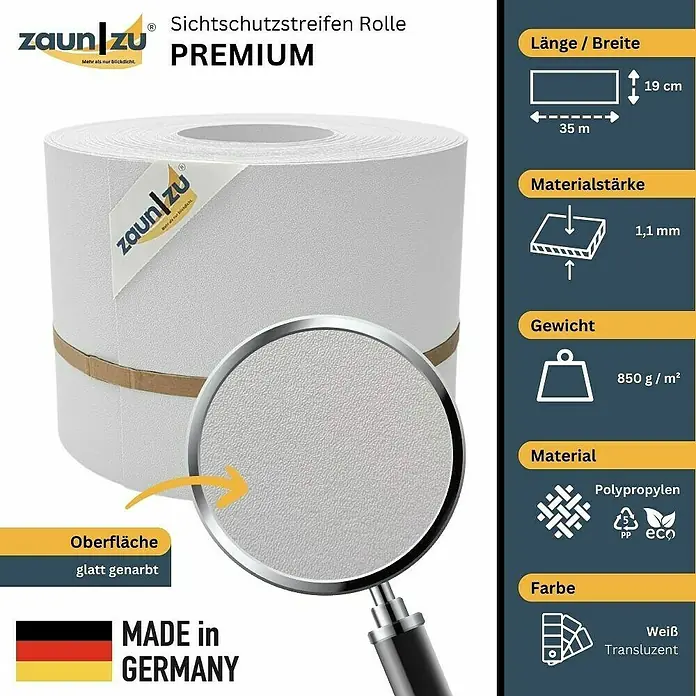zaun|zu Sichtschutzstreifen Premium 35 m Rolle - 35 m x 19 cm x 0,1 cm, Weiß transluzent - Produktbild einer ZaunZu Premium Sichtschutzstreifen Rolle. Länge 35m, Breite 19cm, Material Polypropylen.