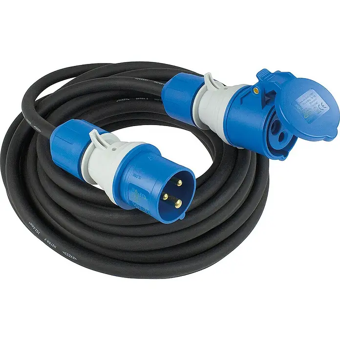 as-schwabe Verlängerungskabel H07RN-F 3G2,5 - 10 m, Schwarz, IP44, H07RN-F - Ein schwarzes Stromkabel mit einem blauen Stecker und einer blauen Steckdose. Das Kabel ist aufgerollt und liegt auf einem weißen Untergrund.