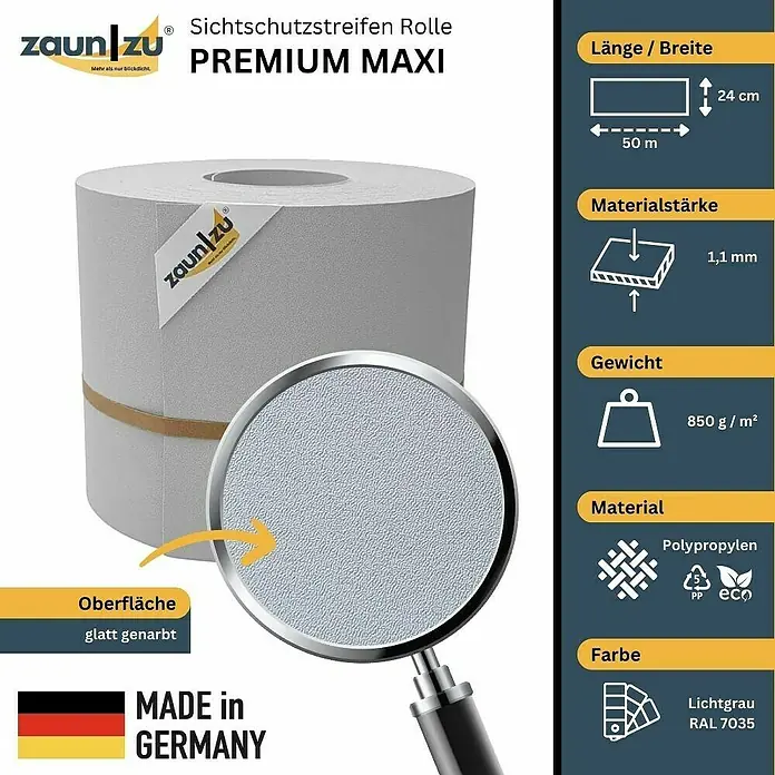 zaun|zu Sichtschutzstreifen Premium Maxi - L x B x H: 50 m x 24 cm x 0,1 cm, Lichtgrau - Bild einer Zaunstreifenrolle Premium Maxi in Hellgrau, hergestellt in Deutschland, mit technischen Details wie Material und Größe.